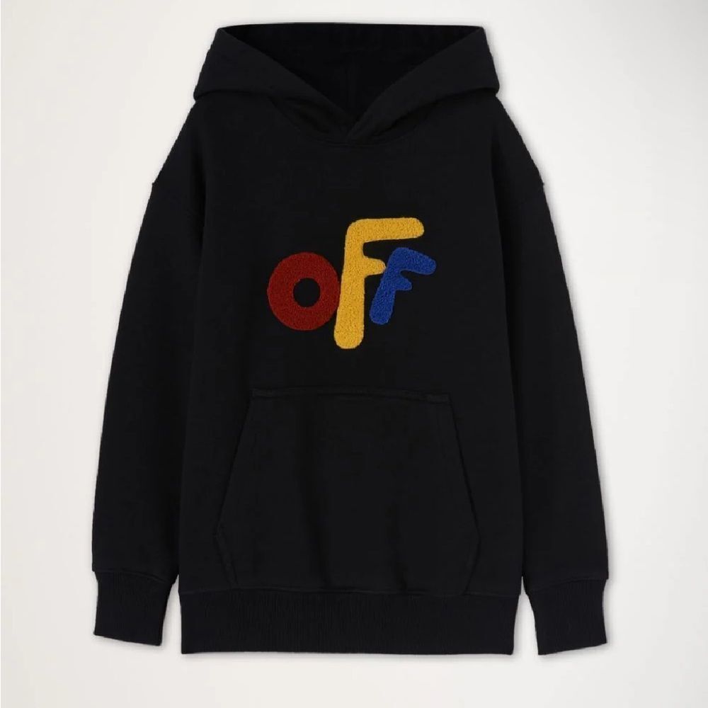 OFF-WHITE | NEW Kid’s Logo Primary Patch Black Cotton Hoodie Youth Size 12